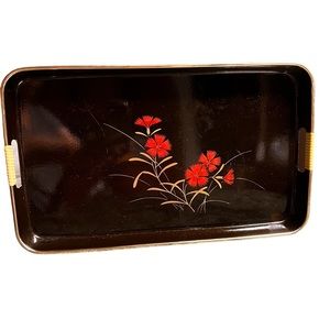 Toyo Black Plastic Tray w/ Red Flower Graphics Gold Trim Asian Faux Lacquerware